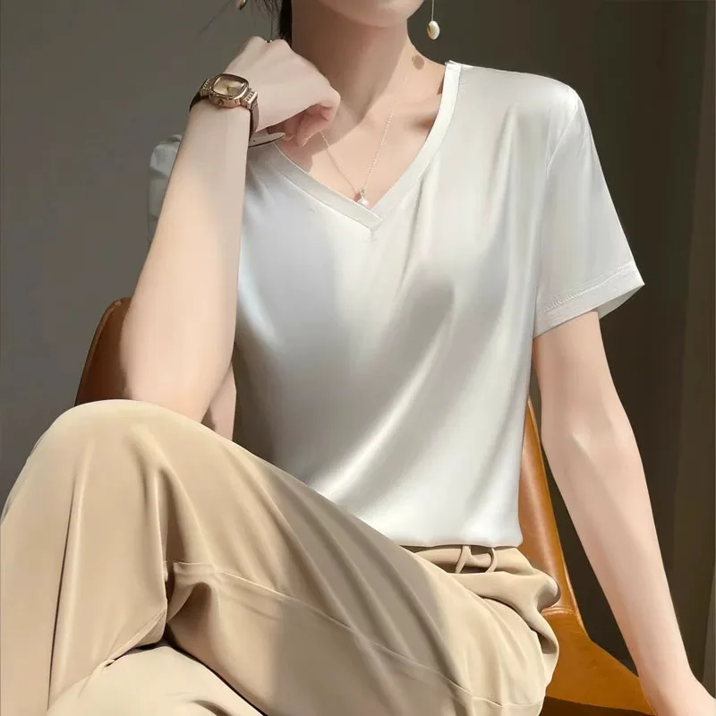 Silk Satin Short Sleeve T-Shirt Women's round V-Neck Simple Design White Acetate Inner Wear Suit Top Commute Style Classic Pa...