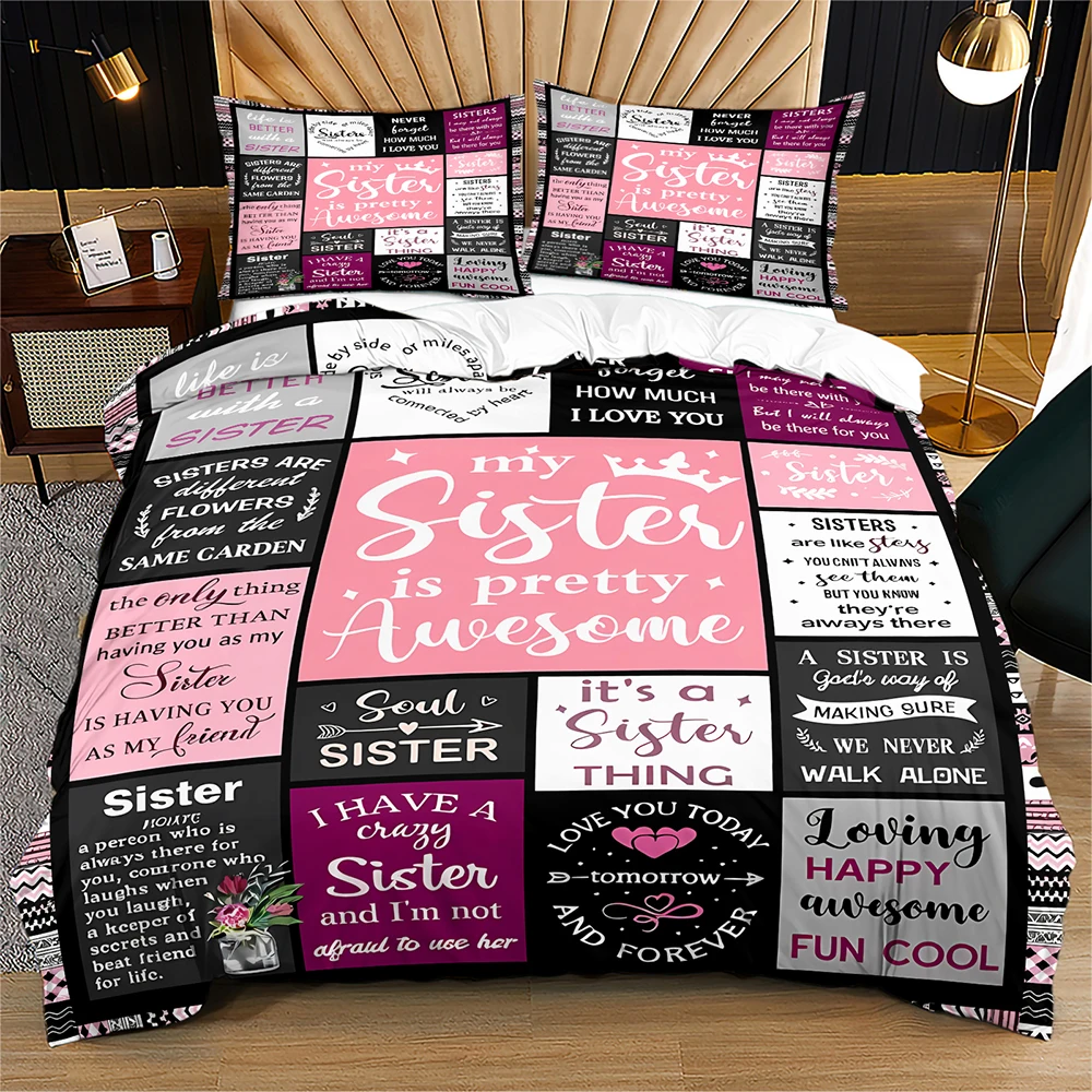 Sister Gift Bedding Set My Sister Is Pretty Awesome Quote Duvet Cover Set Pink Black Plaid Text Print Quilt Cover Pillowcase