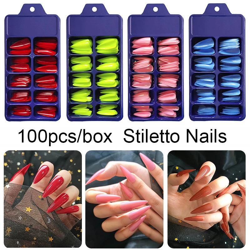 

100 Pieces Per Box Black Acrylic New Stiletto Nails Tips Pointed Sharp Full Fake Nails 10 Sizes UV Gel Artificial Press On Nails