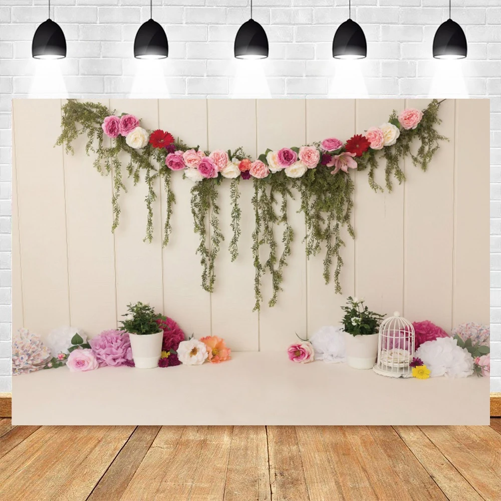 Spring Flowers Photography Backdrop Fence Rose Pink Brick Wall Background Wedding Newborn Baby Shower Party Photo Booth Props