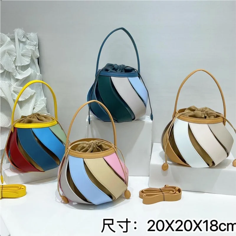 

New Balloon Geometric Splicing Bucket Bag for Women, Cylindrical Shoulder Bag, Contrasting Color Handbag, Crossbody Bag
