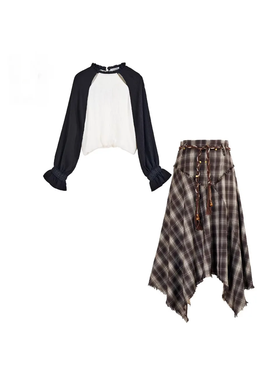 

Faion Plaid Long Sve round Ne f Skirt Set Spring Casual Sle Women's Clothing oulder Insert Design Spring Collec...