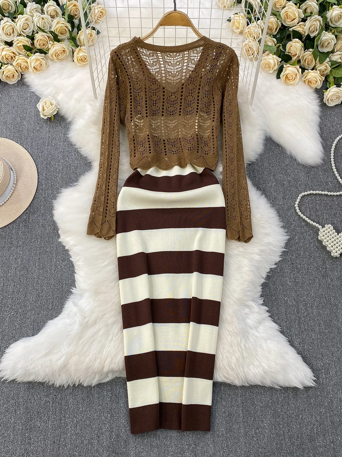 Coreano Sle V-Ne Hollow lavorato a maglia lungo Sve Protezione solare ort Cardigan Cappotto Stripe Ele Strap Dr Set per le donne