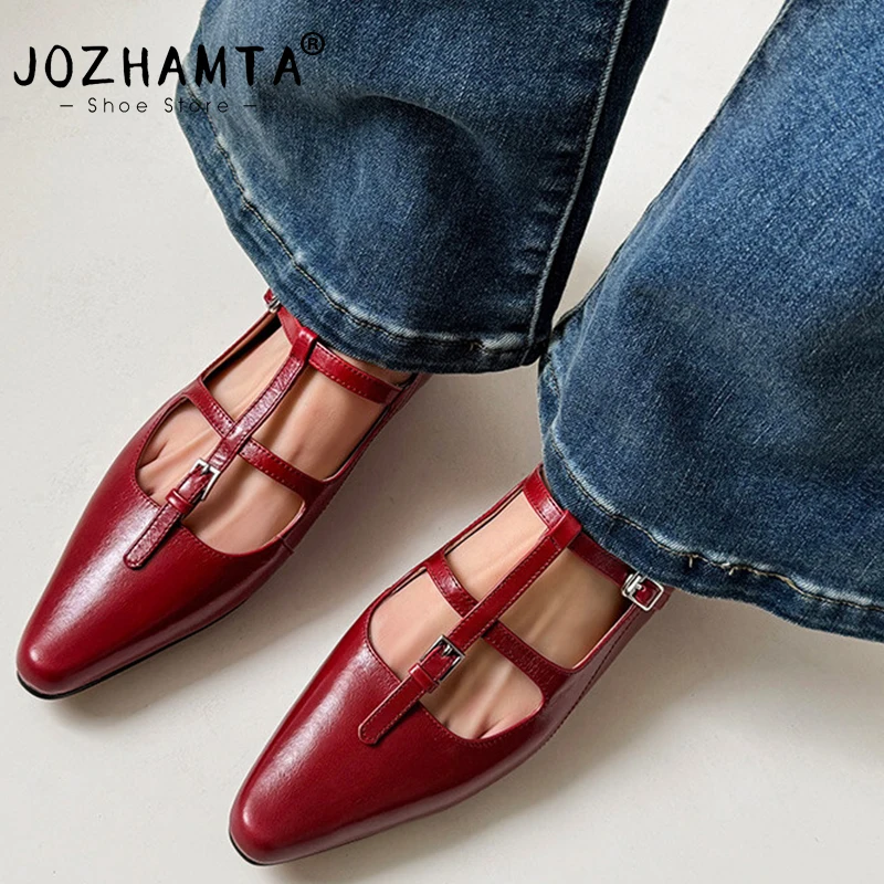 JOZHAMTA Size 34-40 INS Brand Women Ballet Flats Shoes Soft Real Leather Pumps Shoes For Woman Strap Wedding T-Strap Heel Shoes