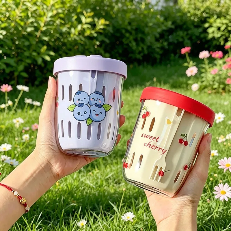 Salad Cup with Fork and Handle Portable Leak-Proof Oatmeal Container Multi-Functional Drainable Fresh Food Storage Lunch Box