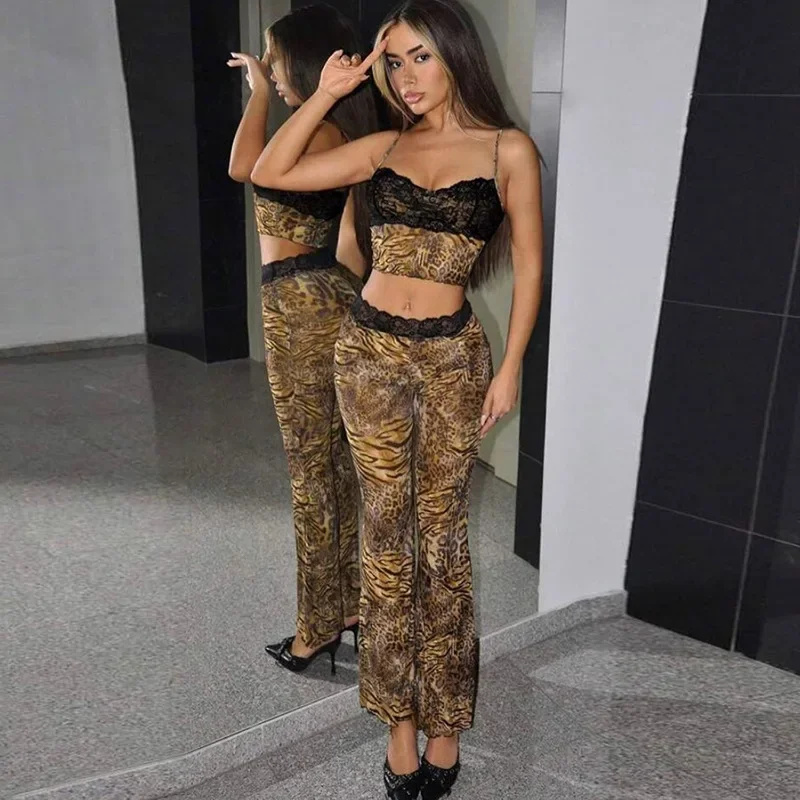 

2025 Spring Sexy Lace Leopard Patchwork Slim 2 Piece Set Women Strapless Backless Crop Top High Waist Flare Pants Street Outfits