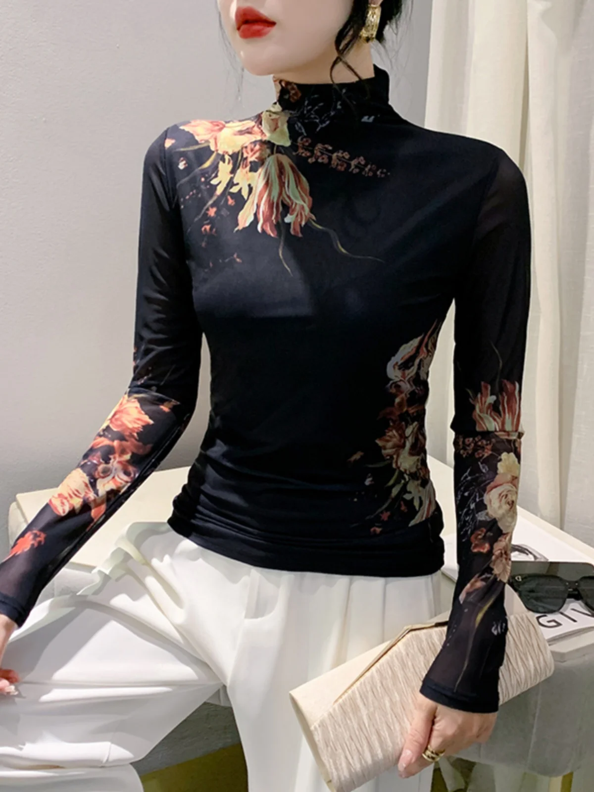 Autumn New Long Sleeve T-shirt For Women Floral Turtleneck High Stretch Slim TShirts Located Printing Mesh Tops FF0862