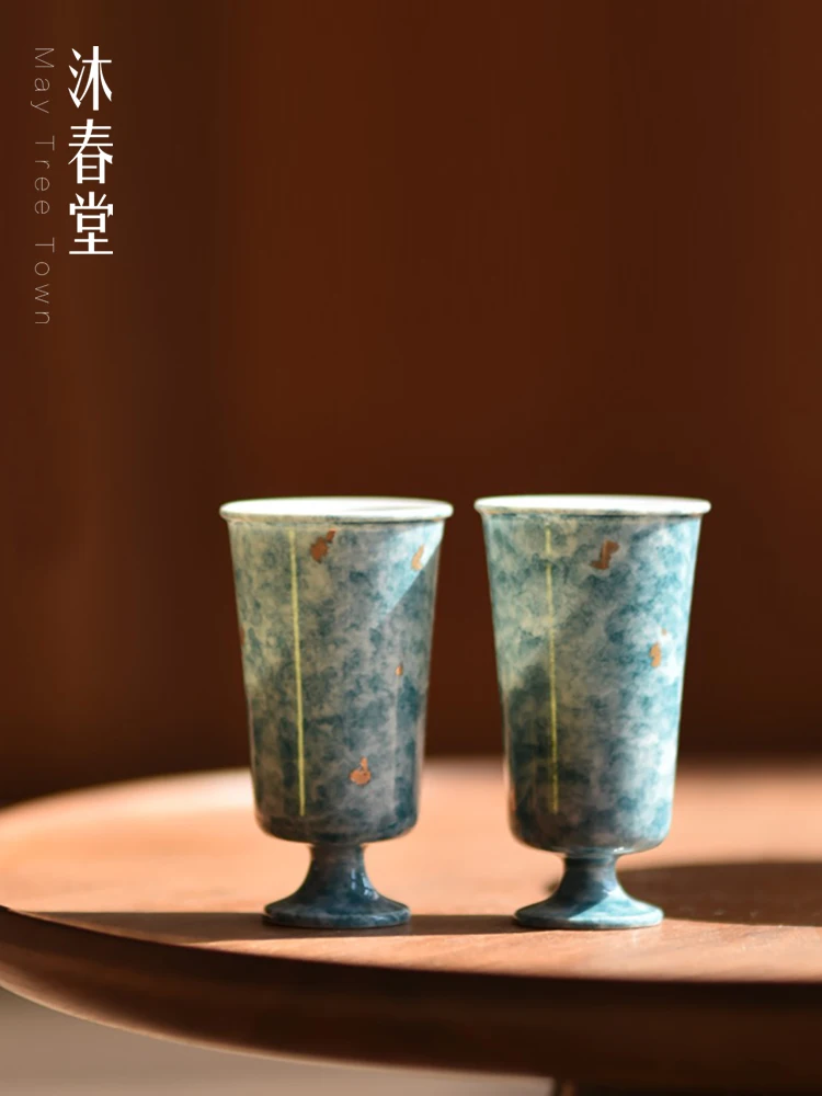 

Muchuntang Handmade Blue Glaze Tea Cup Small Wine Cup High Footed Vintage Style Drinking Cup Ceramic Material 200mL below