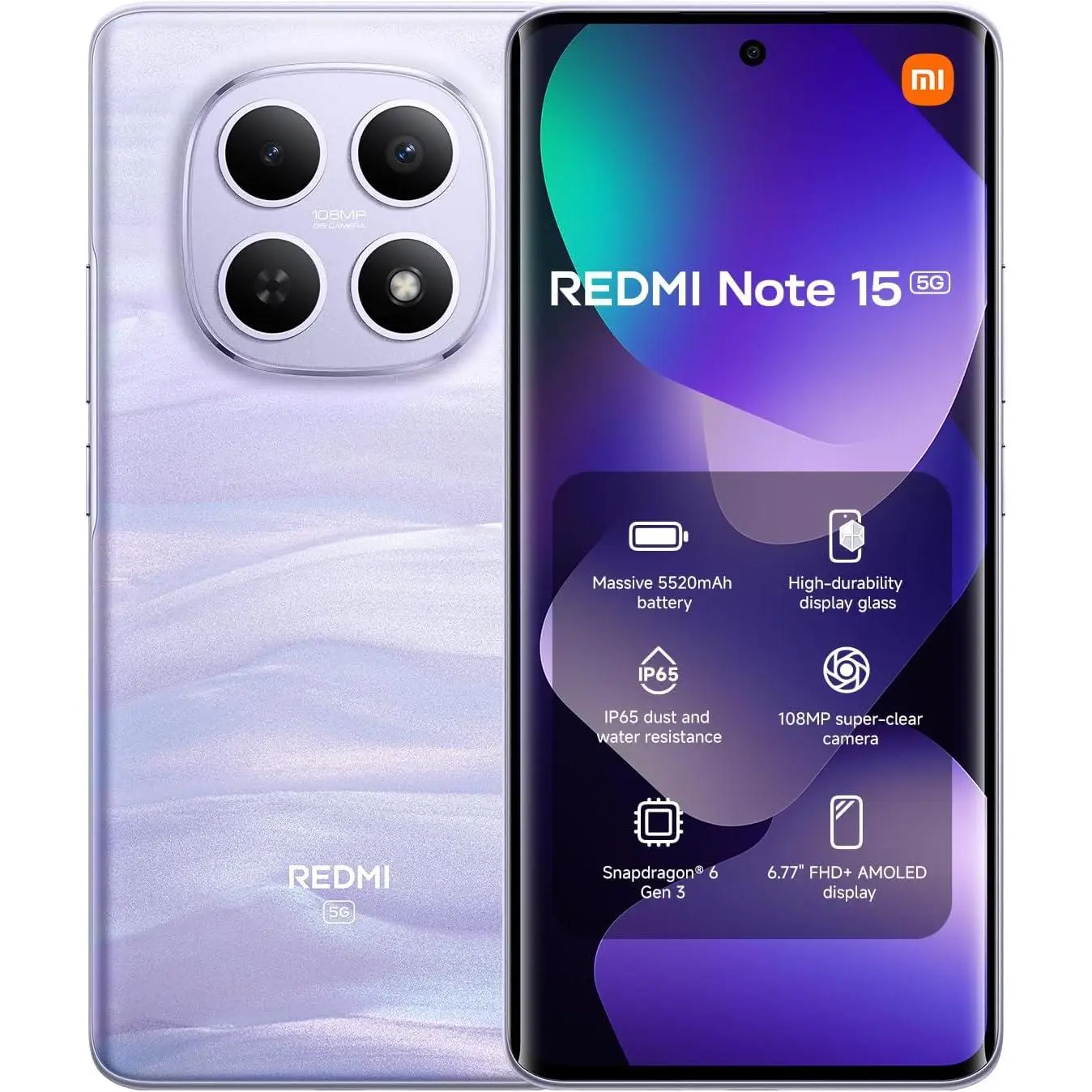 XIAOMI REDMI Note 15 5G 8+256GB, Pantalla AMOLED FHD+ de 6,77", Snapdragon 6 Gen 3, cámara de 108 MP, batería de 5520 mAh, Cargador no Incluido