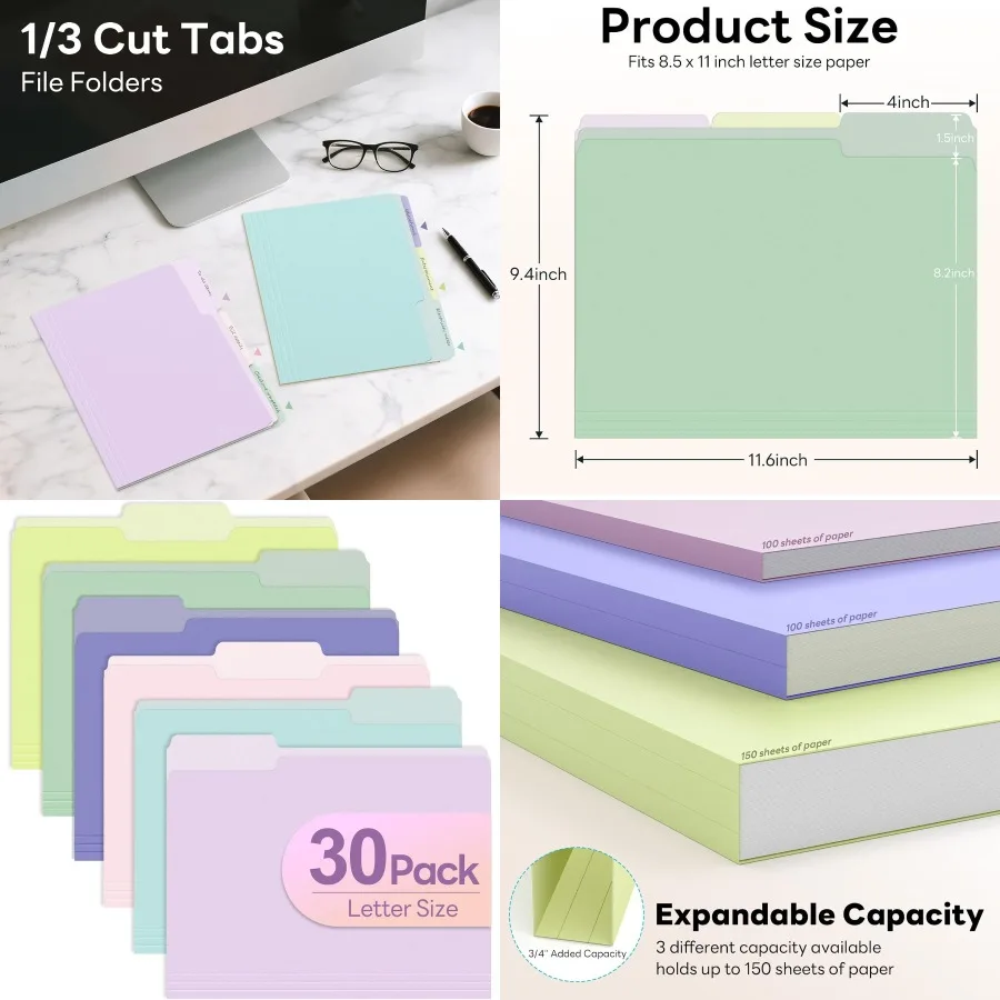 Piasoenc Farb-Aktenordner, 30er-Set, 1/3 Cut Tab, Letter-Format, für 8,5 x 11 Dokumente, Dateien, sortiert, 6 Farben, Ablage für