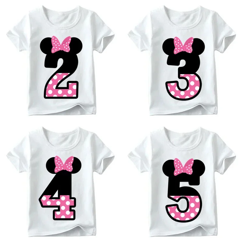 T-shirt divertente per Mickey Minnie Print neonati maschi/femmine buon compleanno Bow t-shirt numero 1-9 bambini Cute Print abbigliamento per bambini