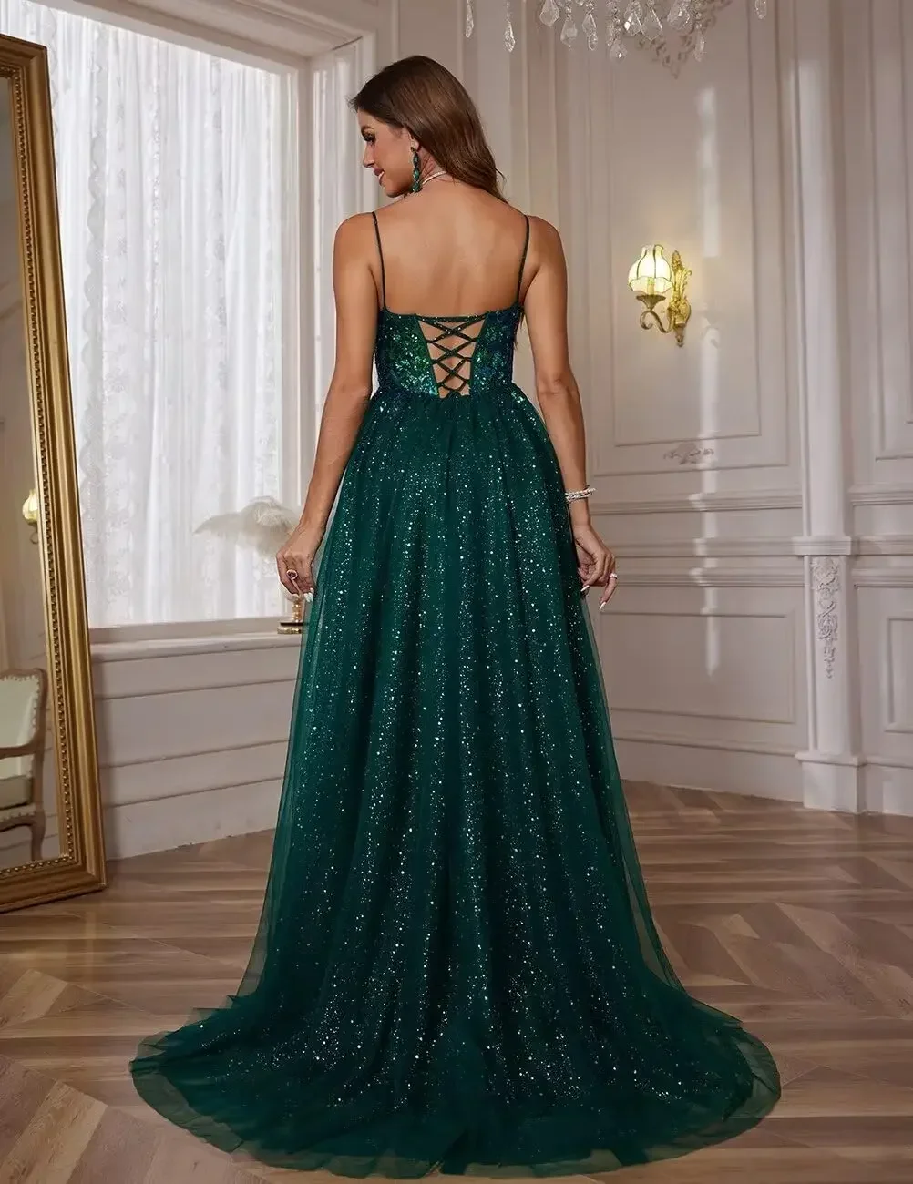 Vestidos de gala Vestido de noche largo de una línea Vestidos de fiesta de tul brillantes para mujer Correas espaguetis Apliques de encaje con cuello en V profundo