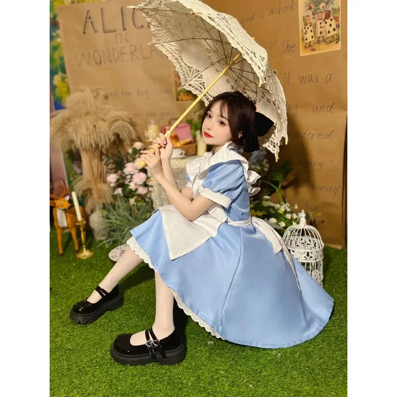 Lolita op menina azul festa feminina manga curta vestido de empregada conjunto halloween cosplay trajex,5;d'2.y;8'