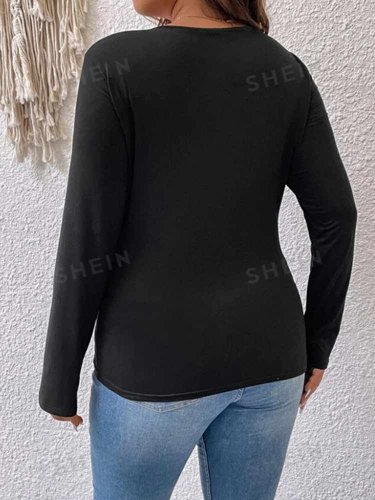 Sexy grande taille t-shirt à manches longues évider noir solide mince élastique décontracté basique t-shirt hauts pour femmes bureau dame Vintage hauts