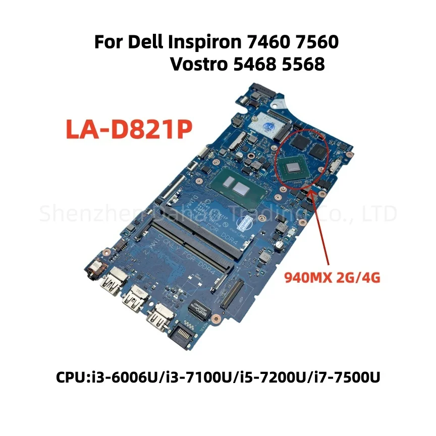 LA-D821P para la placa base del ordenador portátil Dell Inspiron 7460 7560 Vostro 5468 5568 con i3-6006U i3-7100U i5-7200U i7-7500U 940MX 2G/4G