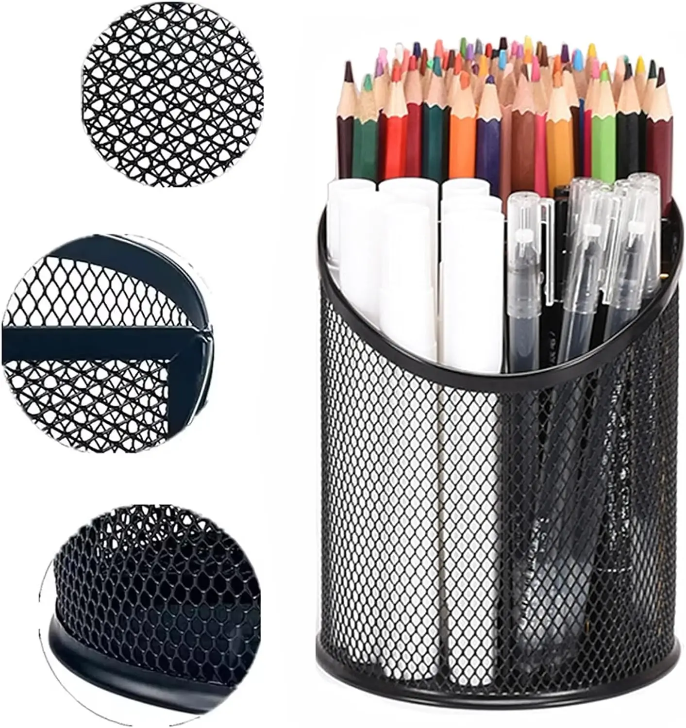 Pen Holder - Mesh Round Pencil Organizer with 3 Compartments for Office, Home, School
