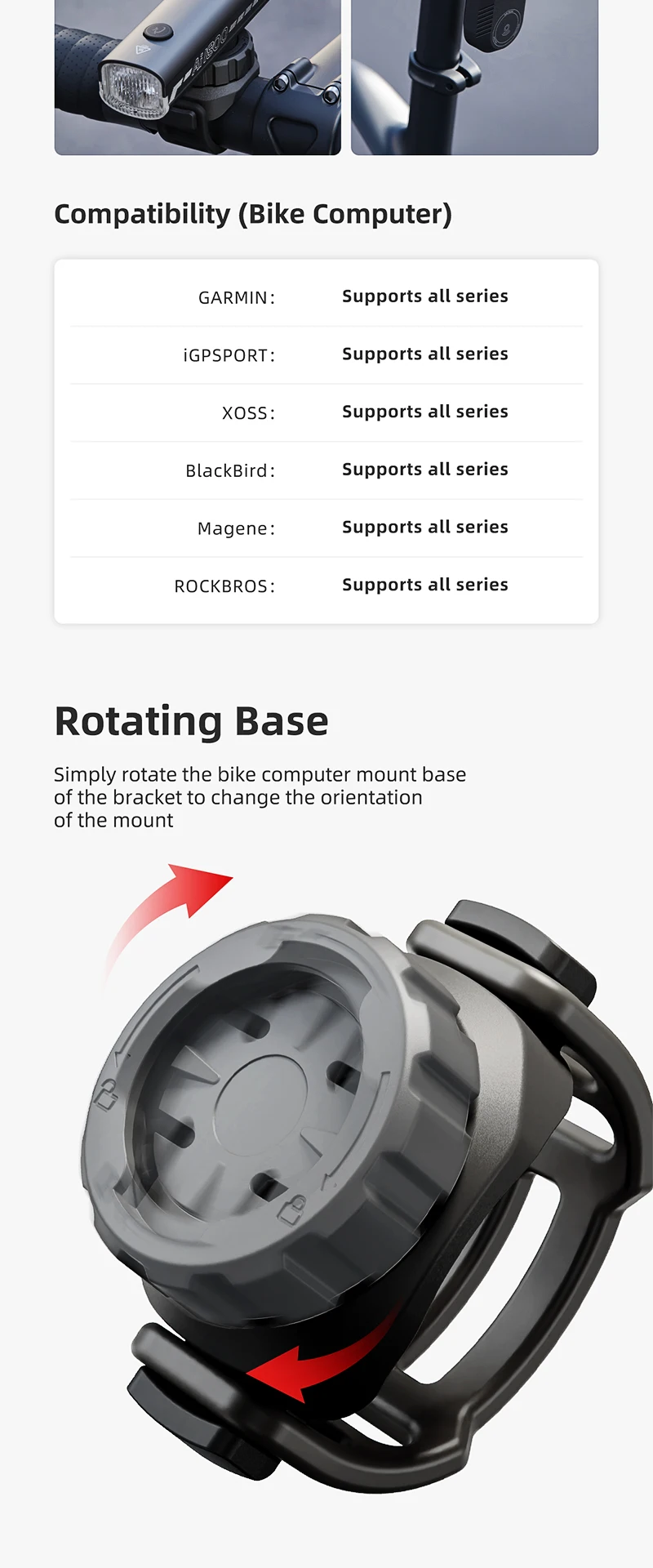 360 ° Drehbare Halterung Universelle Fahrradcomputer-Halterung Mountainbike Straßenfahrrad Scheinwerferhalter Halterung Rücklichthalterung CYCLAMI S14 – Detail 2