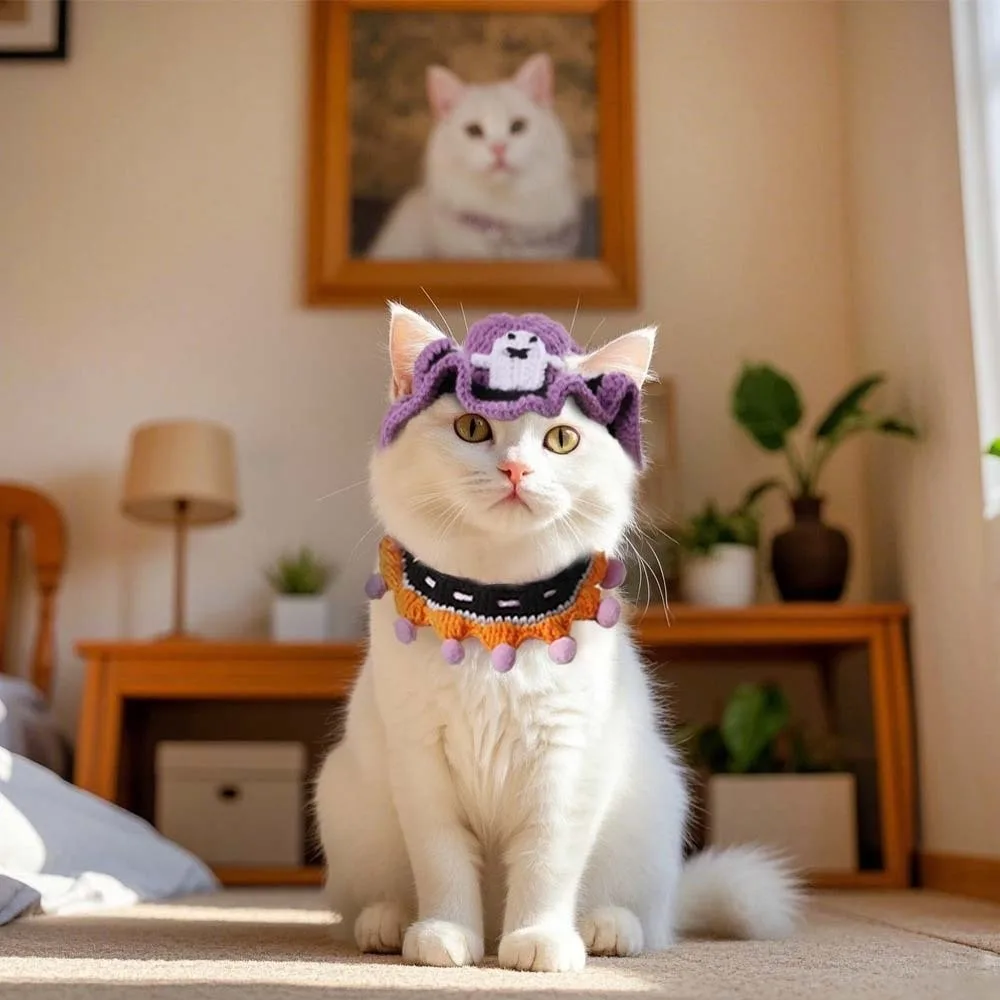 

Creative Breathable Halloween Pets Costumes Pumpkin Clothes Halloween Cat Headgear Tie Cartoon Cat Woven Hat Bib Cosplay