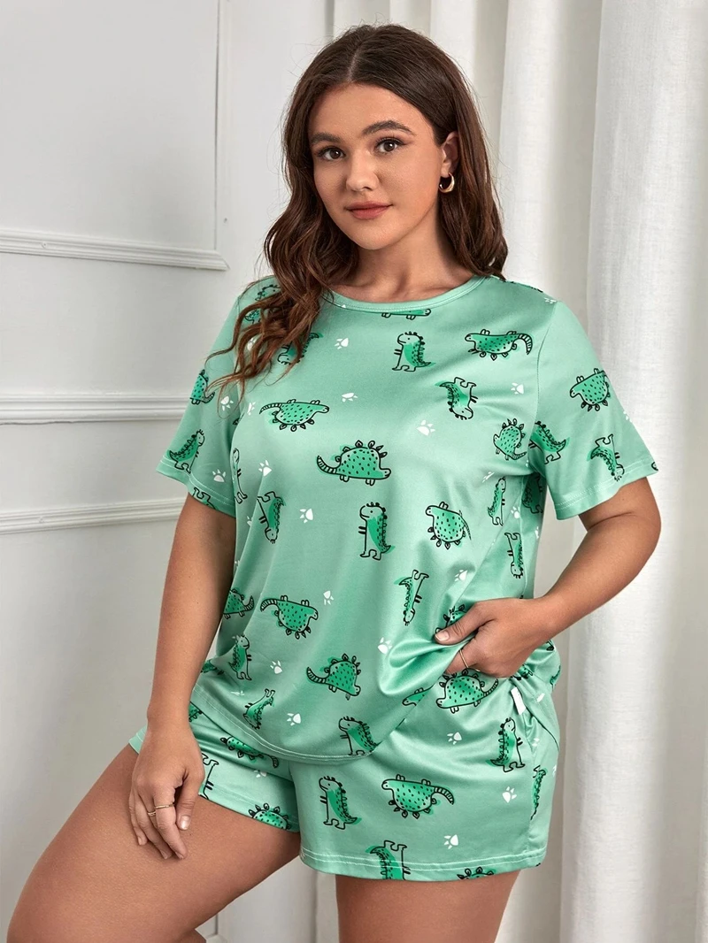 

Cute Print Pajama Set For Women's Soft Short Sleeve Round Neck Top And Shorts Comfortable Fit Breathable Sleepwear Plus Size 5XL