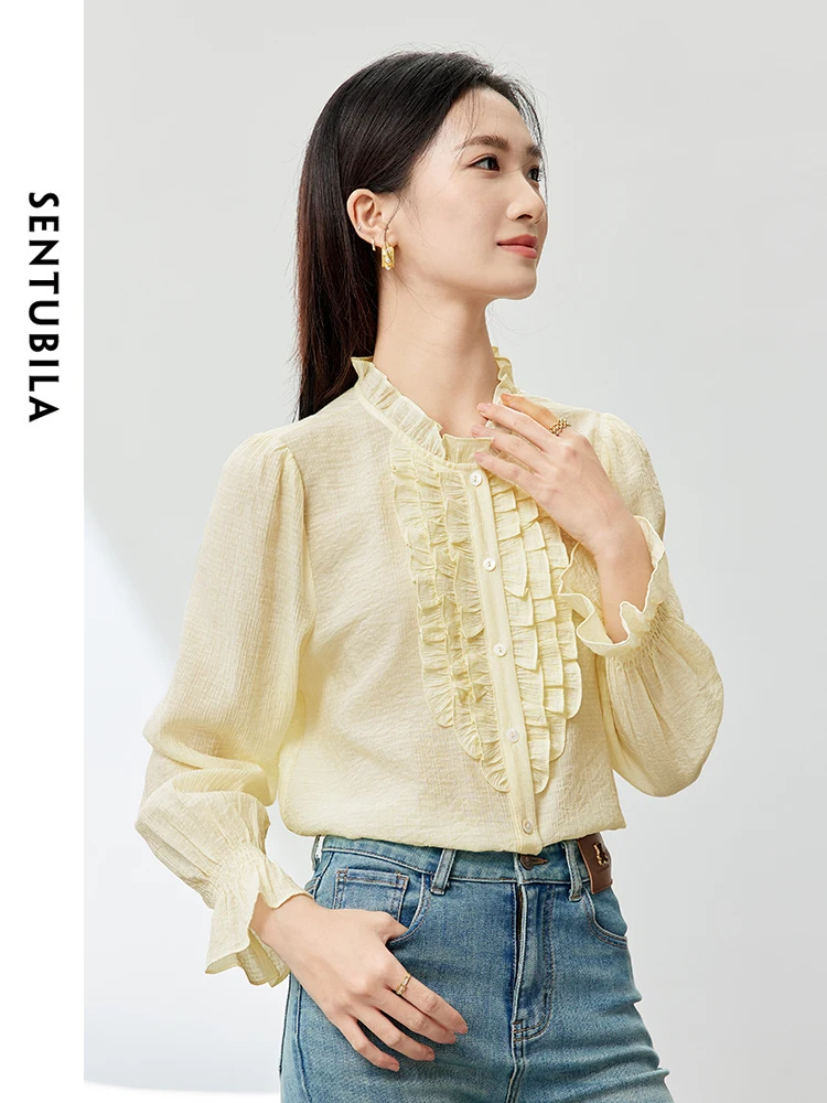 SENTUBILA Women Elegant Ruffles Textured Chiffon Shirts Blouses 2024 Spring Autumn Long Sleeve Tops Women\'s Clothing 141V54206X