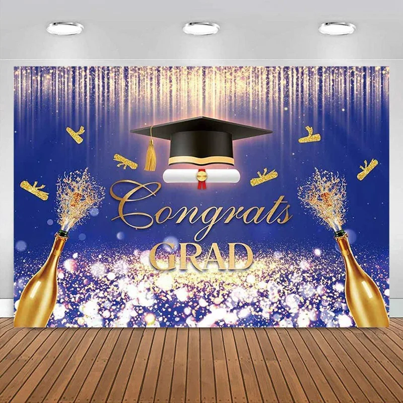 Congrats Grad Backdrop Blue Gold Glitter Decorations Class of Congratulate Graduation Prom Party Banner Photography Background