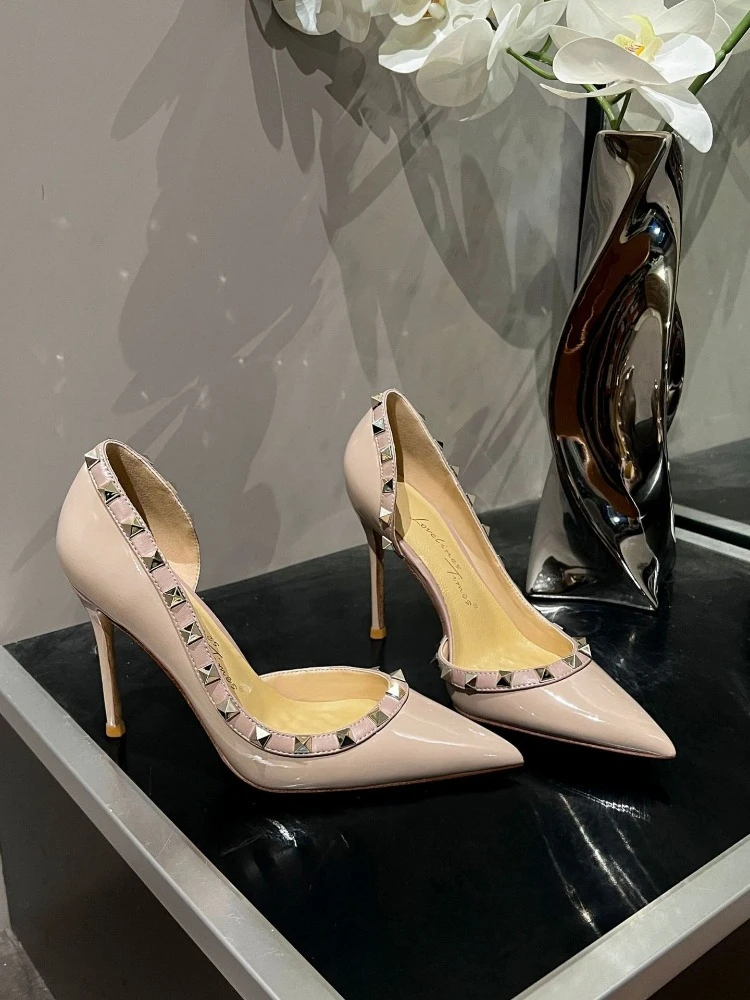 

Fairy style rivet high heels 2025 new item slim heel pointed sexy side hollow microfiber leather French single shoes for women