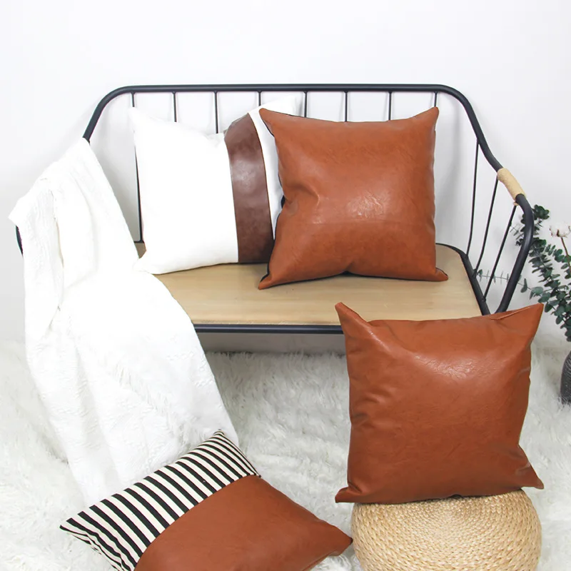 

1/2 PcsAmerican Modern Style Cushion Cover Nordic Simple Brown PU Leather Pillow Case For Sofa Living Room Car Home Decor
