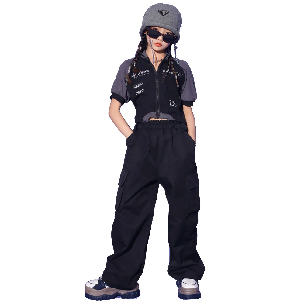 

Kids Girls 2PCS Sets Streetwear Hip Hop Navel Short Sleeve Tshirt Pants Jazz Dance Stage Costumes Children Clothes Tracksuits