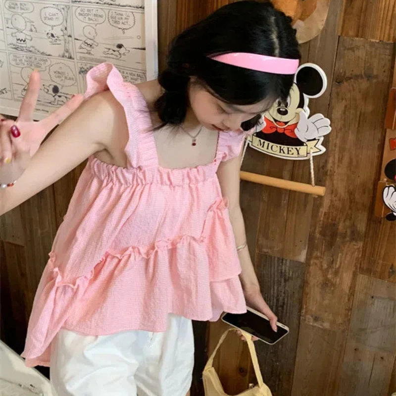 Summer New Vintage Plaid Ruffle Edge Tanks Sleeveless Off Shoulder Thin Irregular Loose T Shirt Tops Trend Sweet Women Clothing