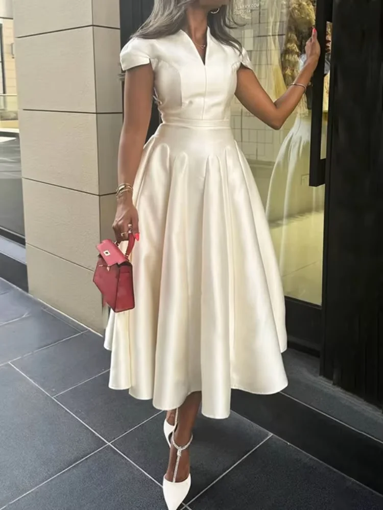 

Women's Elegant French Dress V-neck Cap Sleeves Slim Fit A-line Party Dresses Summer Solid Color High Waist Pleated Midi Dress
