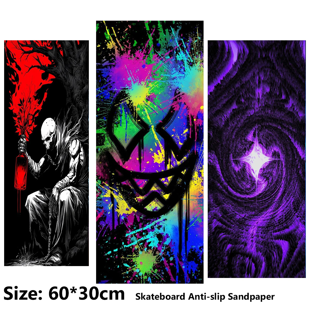 Electric Scooter Anti-slip Sticker Sandpaper Skateboard GripTape Sheet 60*30cm Smiley Face, Skull, Flowing Cloud Pattern