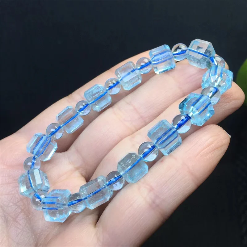 8MM Natural Aquamarine Cube Bracelet Women Reiki Healing Fengshui Lucky Stretchy Mala Bangles Women Hoilday Gift 1pcs