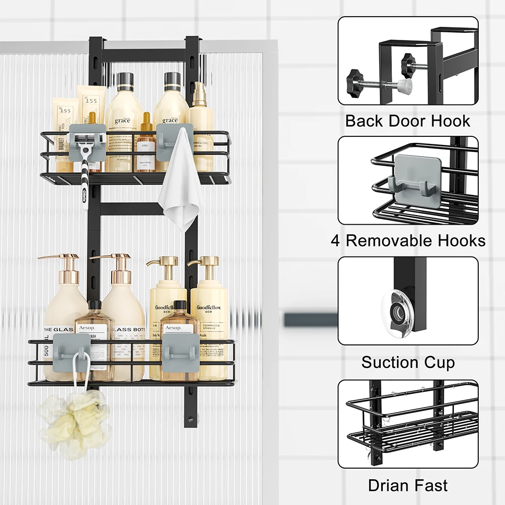 Bathroom Organizer Adhesive Stainless Steel Shower Storage Holder With 4 Removable Hooks For Bathroom Drain Fast Bath De Baño