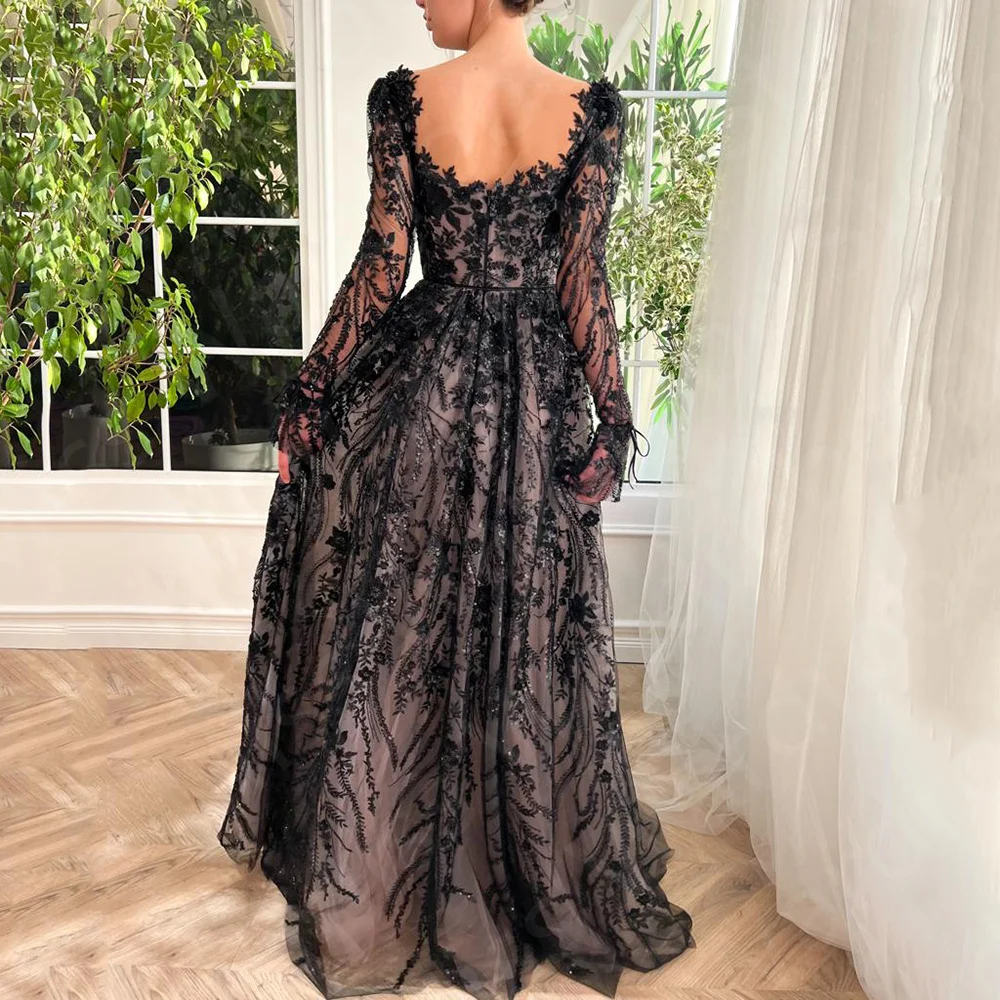 Latest Luxury Black Evening Dresses Long Sleeves 2024 Prom Party Gowns Illusion Neck Back Out Wedding Guest Dress Thigh Slit