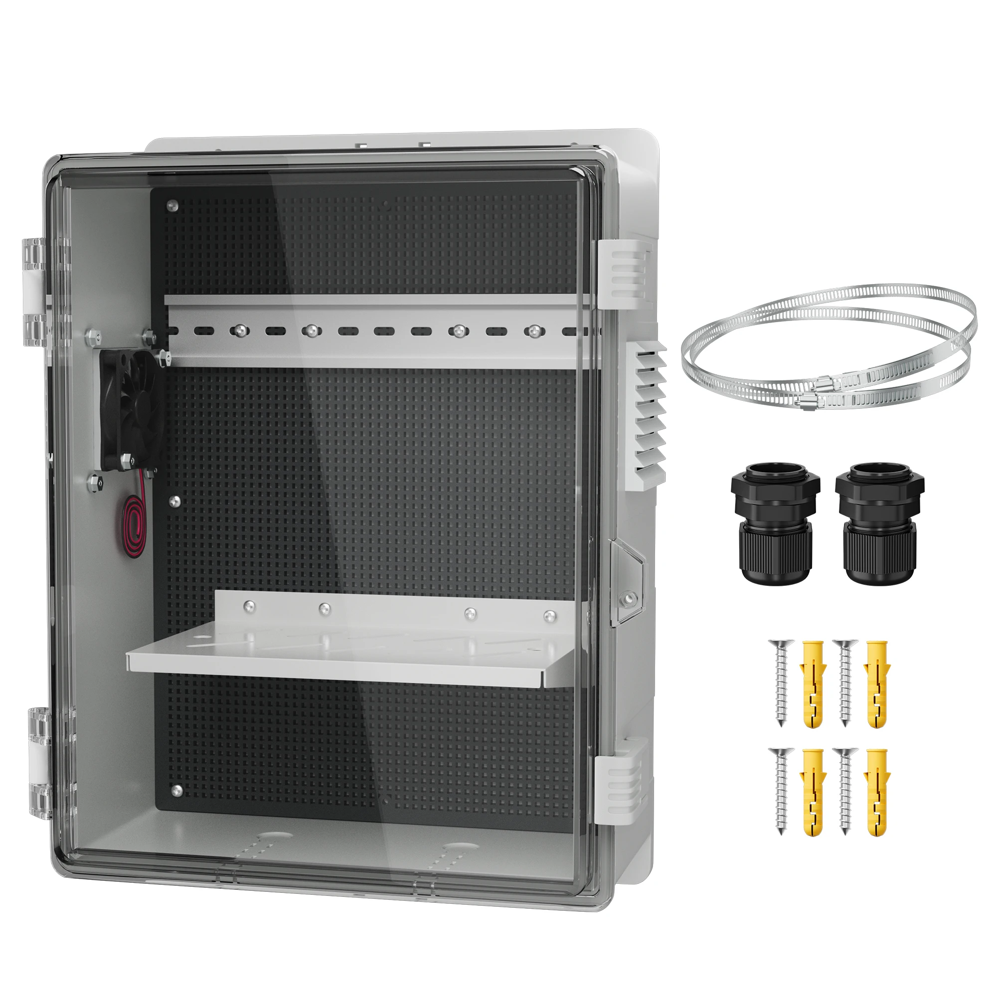 

Прозрачная водонепроницаемая наружная электрическая коробка Белый корпус из АБС-пластика 16x11x6 Пластиковая коробка Wi-Fi с вентилятором и пылезащитным экраном