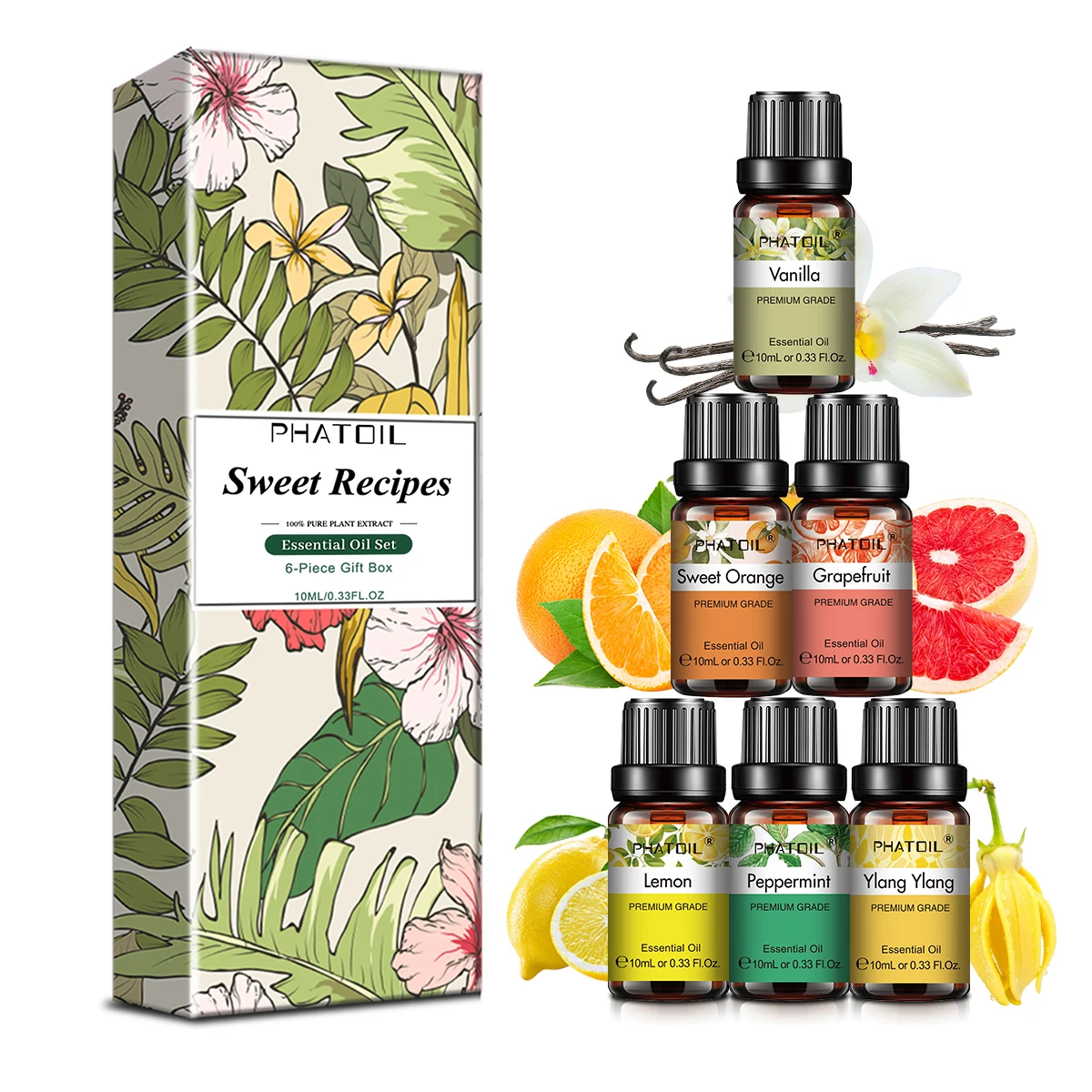 PHATOIL Coffret cadeau de 6 huiles essentielles - 10 ml Menthe poivrée, Citron, Vanille, Orange douce, Ylang Ylang, Huiles essentielles aromatiques au pamplemousse