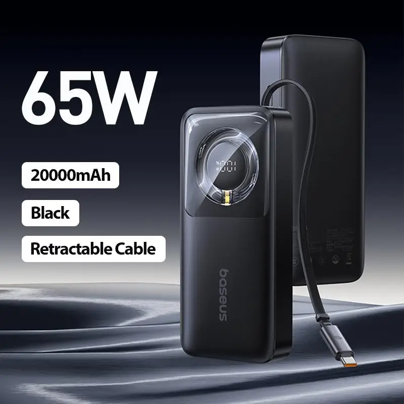 New. 65W Power Bank 20000mah Fast Charging with Built-in Retractable Type-C Cable for Laptops iPhone 16 15 Pro Max