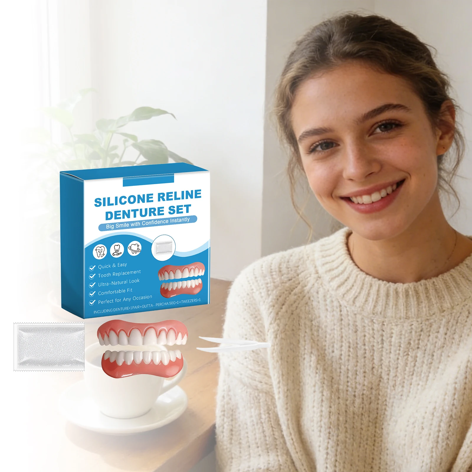 

Полный комплект зубных протезов для ношения поверх десны, мягкий дизайн, простое использование, без покрытия для зубов, аксессуары для замещения отсутствующих или сломанных зубов, искусственные зубы для женщин и мужчин