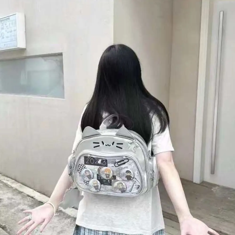 Bolsa de algodón de PU con cremallera para muñeca, bolso de almacenamiento de bolsillo transparente, mochilas de moda, Kawaii Cat Itabag