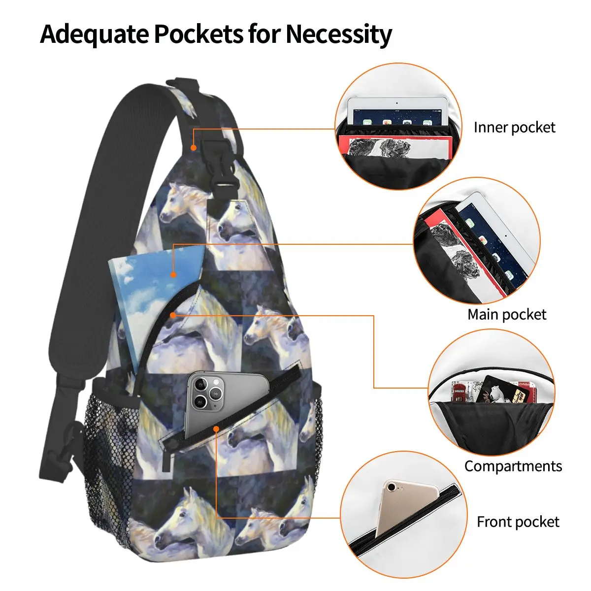 Double Horse Portrait Design Chest Bag Men Sling Crossbody Backpack Chest Bag Travel Hiking Daypack Shoulder Bag