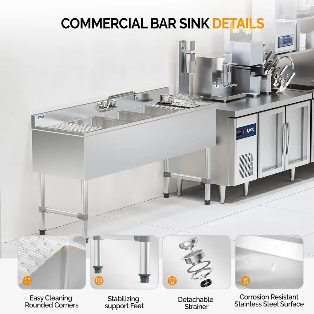 

3 Compartments Bar Sink, Commercial Stainless Steel Underbar Sink with Double Drainboard, Freestaning Large for Kitchen, Custom