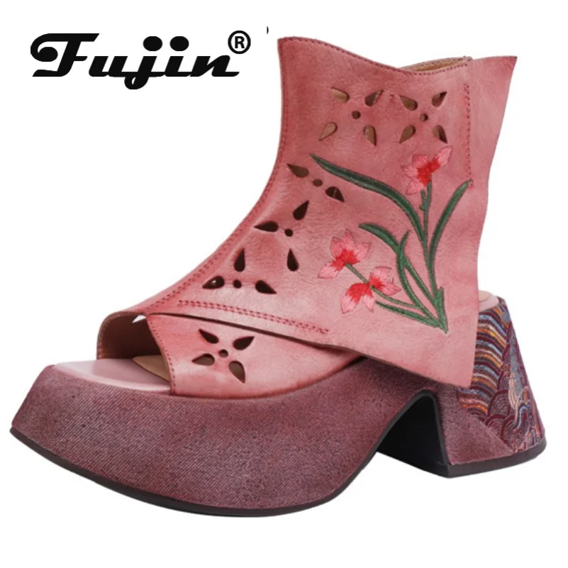 

Fujin 8cm Moccasins Embroider Mary Jane Platform Wedge Sandals Summer Shoes Women Peep Toe Genuine Leather Ankle Booties Hollow