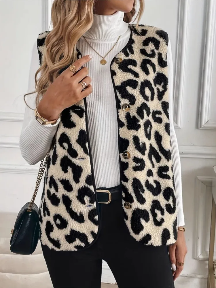 

Leopard Print Vest Winter Clothes Woman Pulls Femmes Vests Fashion Sleeveless All-match Plush Commuting Homewear Home Clothing
