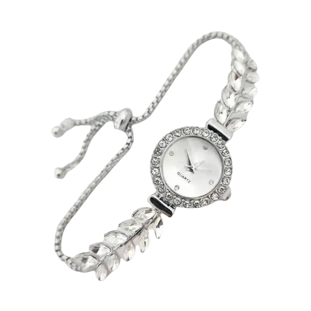 

Slim Strap Ladies Quartz Watch Leaf Design Small Dial Women Quartz Watch Round Dial Pull Adjustable Rhinestone Watch