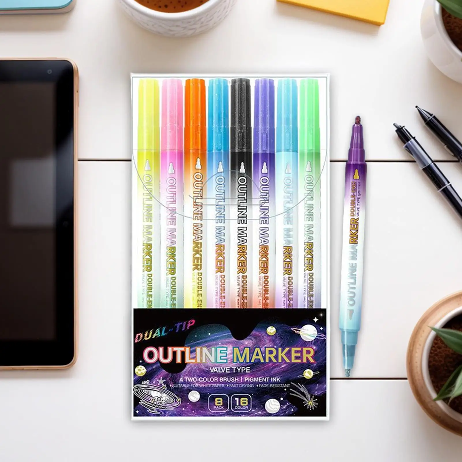 Markery do konturowania z podwójną końcówką, 8 sztuk, brokatowe pisaki do rysowania, markery do rysowania i pisania, idealne do prac plastycznych, zajęć szkolnych i notowania notatek.