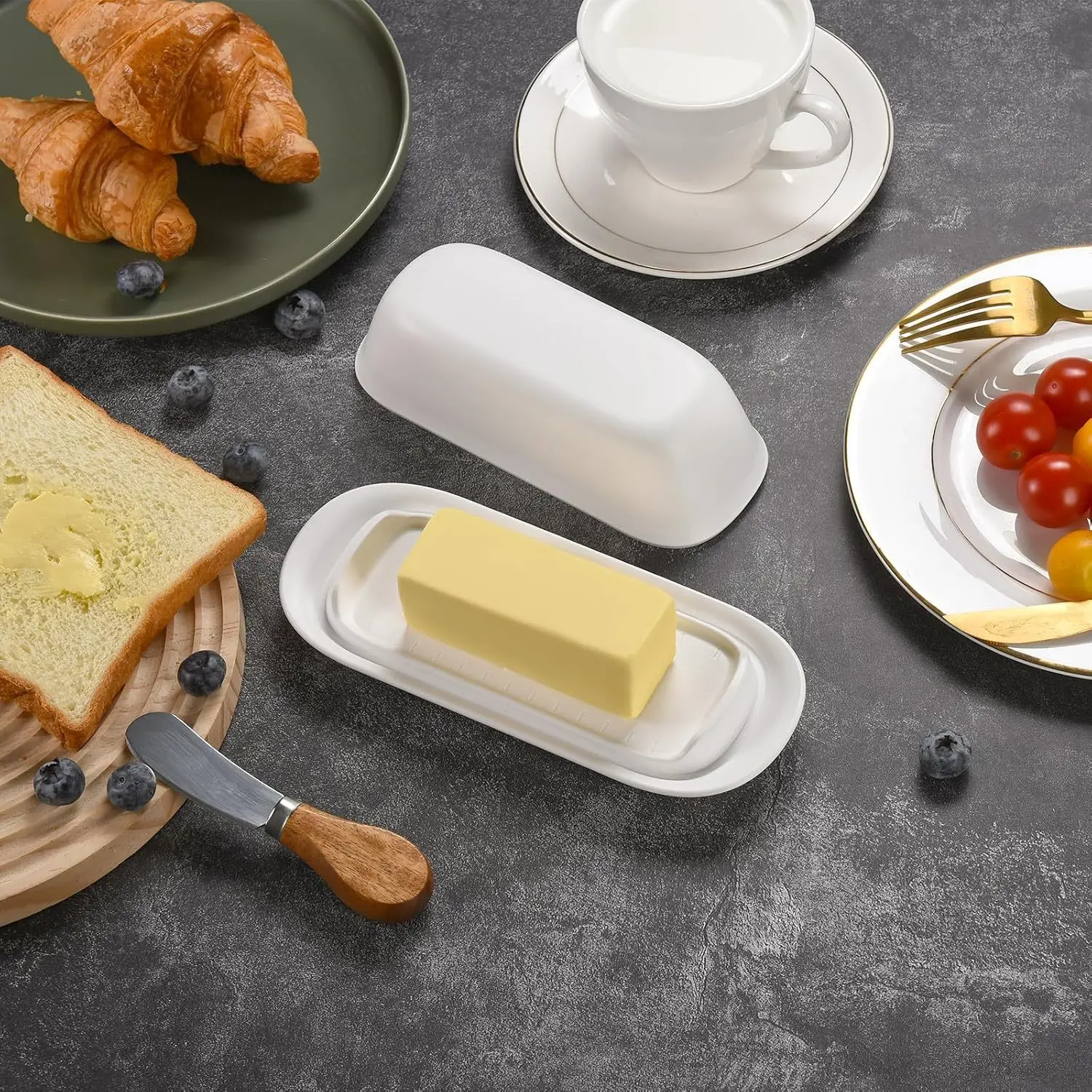 Soporte para barras de mantequilla, contenedor estándar para mantequilla, apto para tortitas de maíz, gofres, bagels y tostadas, apto para lavavajillas.