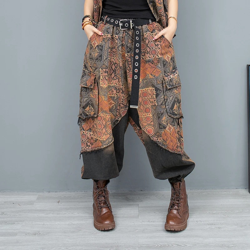 Personalized Fashion Cross-Pants Set Women New Printed Denim Irregular Waistcoat Patchwork Streetwear Two-piece Sets