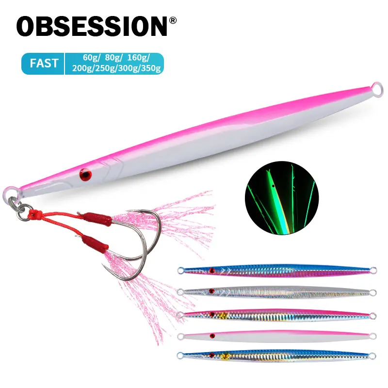 OBSESSION J5 60g 80g 160g 200g 250g 300g 350g gabarit en métal appât de pêche coulant Jigbait eau salée leurre de gabarits lumineux avec crochets