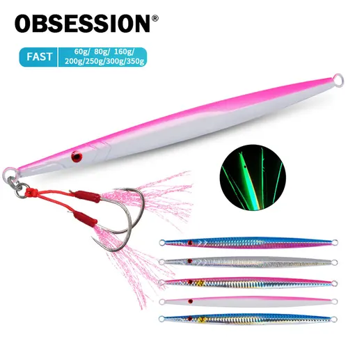 OBSESSION J5 60g 80g 160g 200g 250g 300g 350g plantilla de Metal cebo de pesca hundimiento Jigbait agua salada señuelo de Jigging luminoso con ganchos