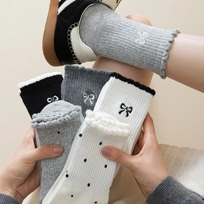 6 pairs of women's spring autumn mid-term socks with polka dot bows cute versatile simple comfortable casual socks